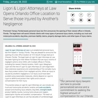 Screenshot of an article titled: Ligori & Ligori Attorneys at Law Opens Orlando Office Location to Serve those Injured by Another’s Negligence