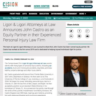 Screenshot of an article titled: Ligori & Ligori Attorneys at Law Announces John Castro as an Equity Partner in their Experienced Personal Injury Law Firm