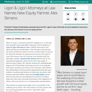 Screenshot of an article titled: Ligori & Ligori Attorneys at Law Names New Equity Partner, Alex Serrano