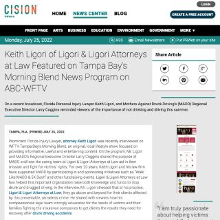 Screenshot of an article titled: Keith Ligori of Ligori & Ligori Attorneys at Law Featured on Tampa Bay’s Morning Blend News Program on ABC-WFTV