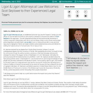 Screenshot of an article titled: Ligori & Ligori Attorneys at Law Welcomes Scot Seplowe to their Experienced Legal Team