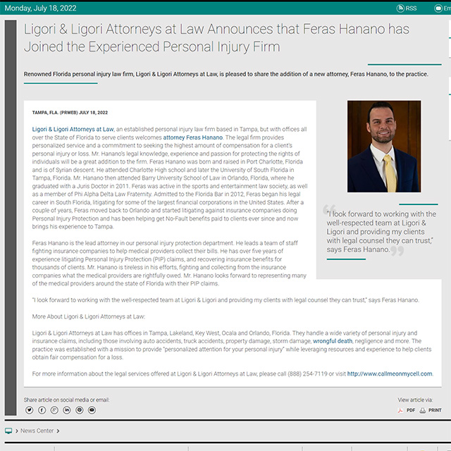 Screenshot of an article titled: Ligori & Ligori Attorneys at Law Announces that Feras Hanano has Joined the Experienced Personal Injury Firm