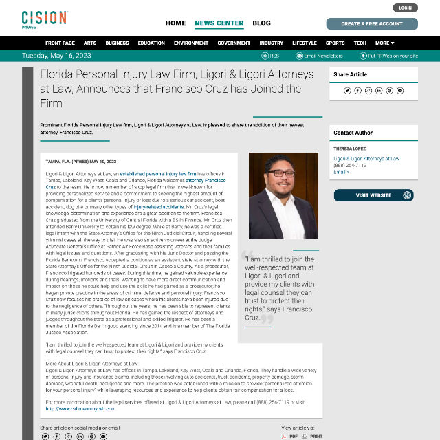 Screenshot of an article titled: Florida Personal Injury Law Firm, Ligori & Ligori Attorneys at Law, Announces that Francisco Cruz has Joined the Firm